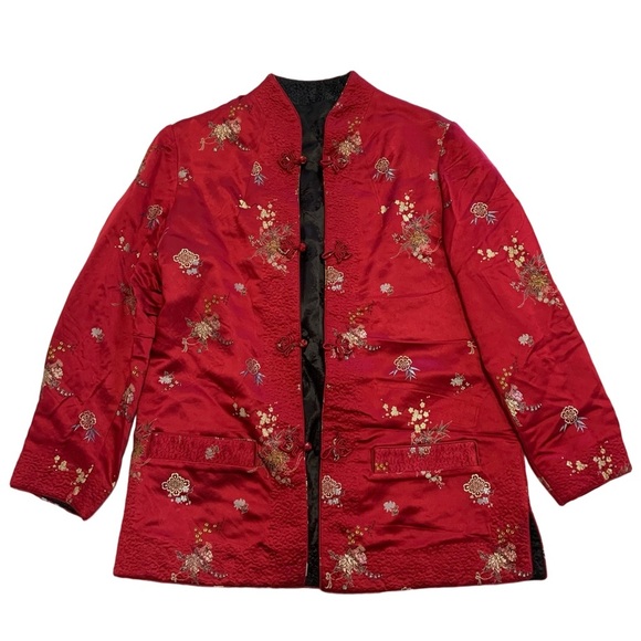 Vintage Red & Black Embroidered Jacket Chinese Style Mandarin Frog Closure Coat - Picture 1 of 8